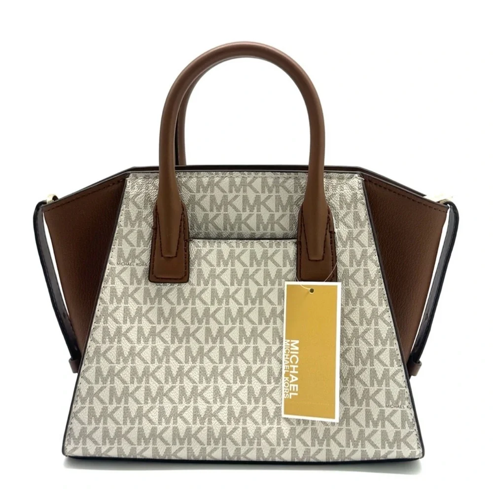 Michael Kors Avril Small Logo and Leather Satchel Bag Vanilla/Brown